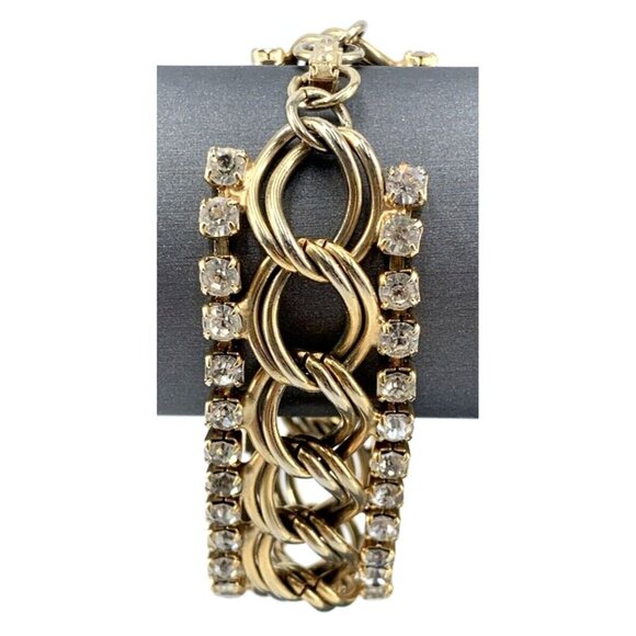 Vintage Rhinestone Bracelet and Earring Screw Back Cuban Link Gold Tone Set - Picture 10 of 12